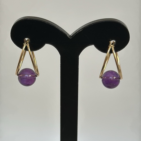 14k real solid gold AMETHYST  Hoops earrings - Picture 1 of 8